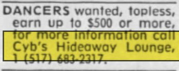 Shay Lake Motel (Cybs Hideaway Lounge) - Nov 1993 Ad For Dancers (newer photo)